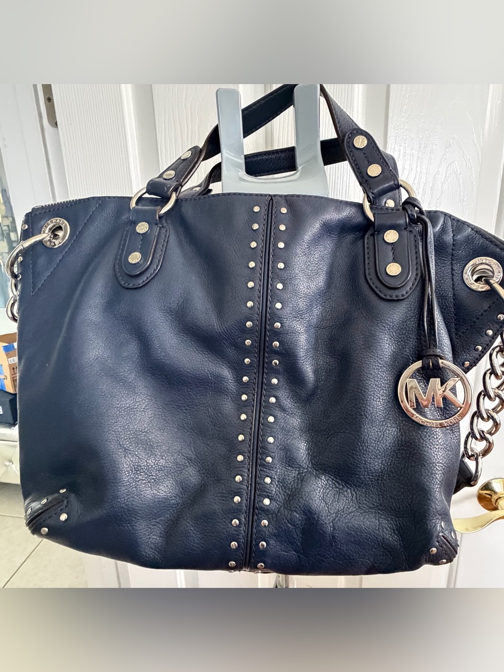 Michael Kors Blue Leather Studded Tote with Silver Accents